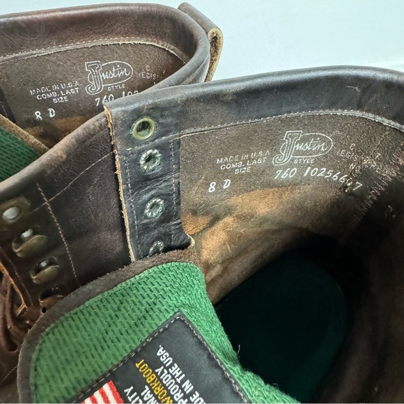 Justin Work Boots Brown Leather 760 Lace Up Size 8 Made in USA Round Toe - Picture 11 of 12
